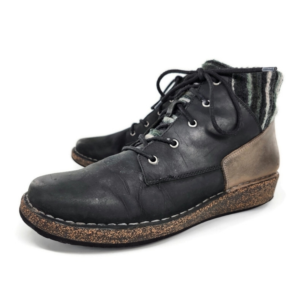 Aetrex Jolie Black Leather Black & Grey Sweater Lace-Up Round-Toe Ankle Boots